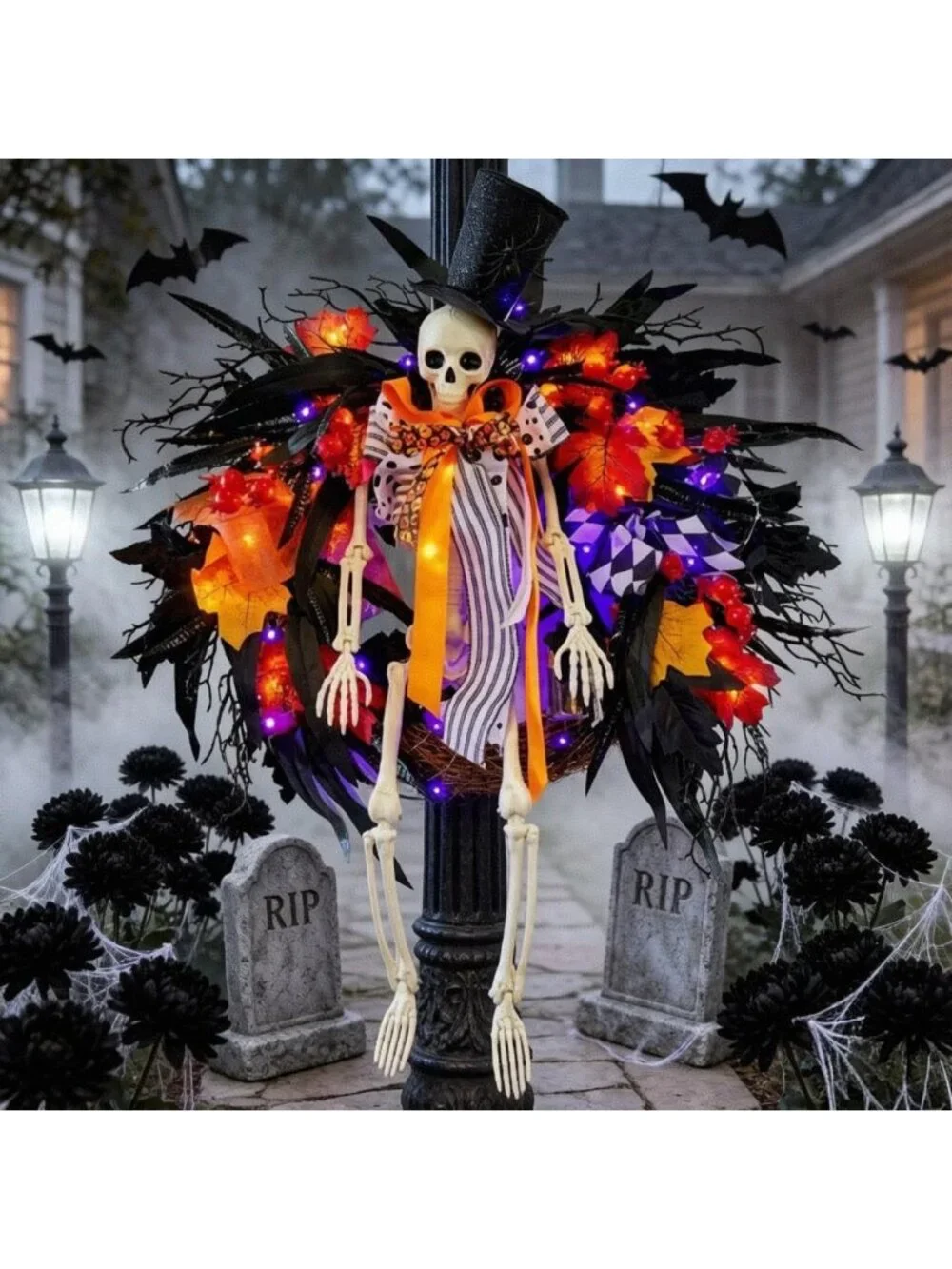 28-Inch Lighted Halloween Skeleton Wreath | Gothic Dark Aesthetic Door Decor